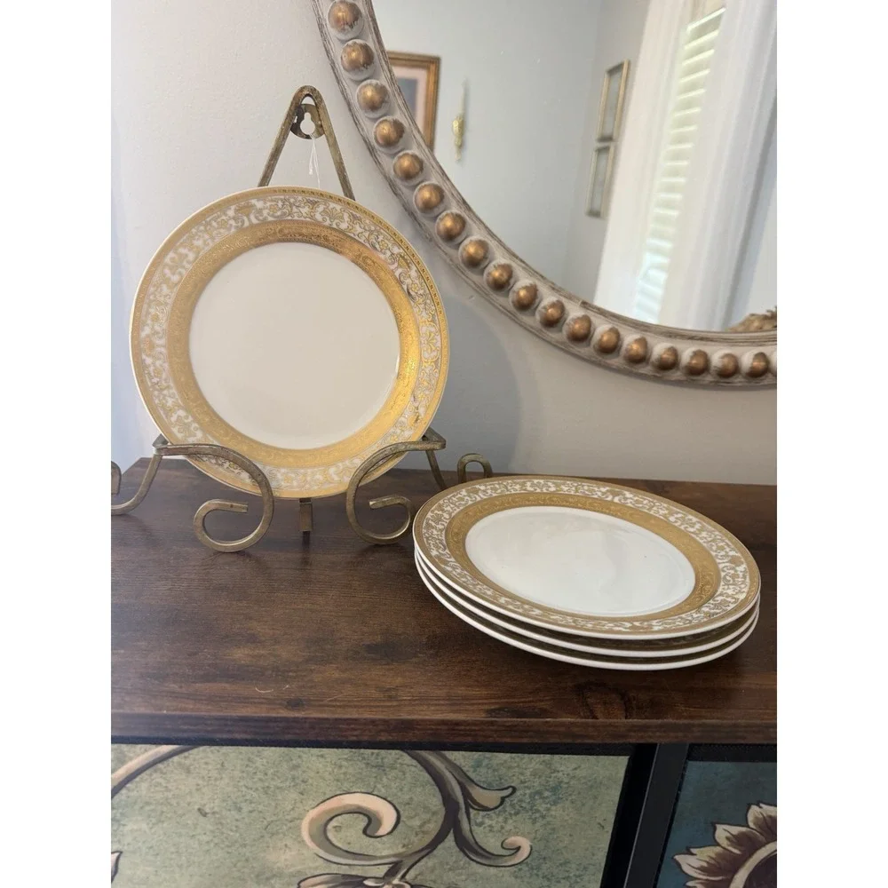 VTG GNA 9 Fine Porcelain Salad Plates Set of 4‎ Gold Encrusted Gold Trim 7-3/4